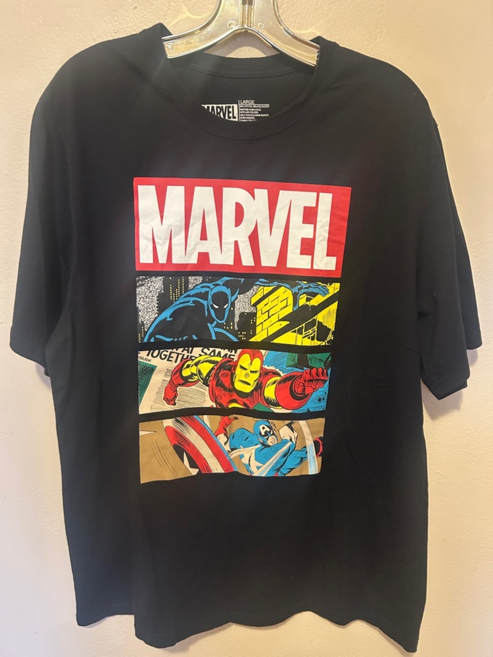 Marvel Black Graphic Tee with Red, Yellow, Blue and Cream Comic Panels